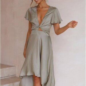 High-Low Plunge Flutter Sleeve Dress | Formal Fit & Flare Dress